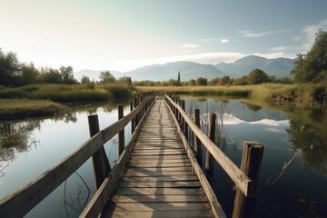 Fototapeta na wymiar view of a wooden bridge crossing the lake