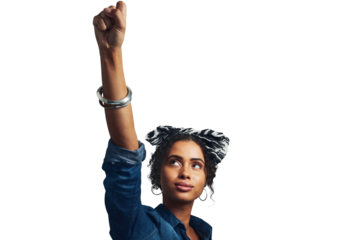 Young woman, victory and power with fist in celebration of achievement, rights or opinion. Black, female model and success on isolated on a transparent png background for freedom, vision or wellness