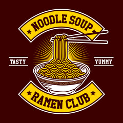 Hand Drawn Vector Illustration Ramen Noodle Bowl Chopsticks Patch Emblem Badge Design Style