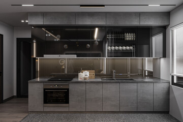 Functional Modern Kitchen Interior Design with Organized Utensils and Fridge Black Mirror Capboard
