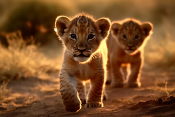 Two cute cubs lions brothers walking at grass field in the evening, adorable baby animal concept - Powered by Adobe