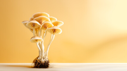 Raw natural mushrooms of honeydew with mycelium on table on warm beige background. Edible mushrooms. Concept of healthy sustainable food and organic products. Front view, copy space