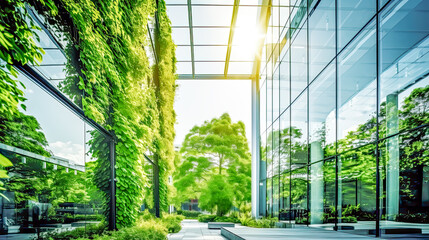 Modern business building exterior facade with biophilic design with garden with greenery, plants and trees. New developed estate on sunny day in summer. Concept of eco friendly green city