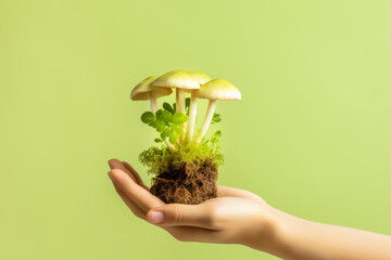 Hand holding raw natural mushrooms of honeydew with mycelium on table on green background. Edible mushrooms. Concept of healthy sustainable food and organic products. Front view