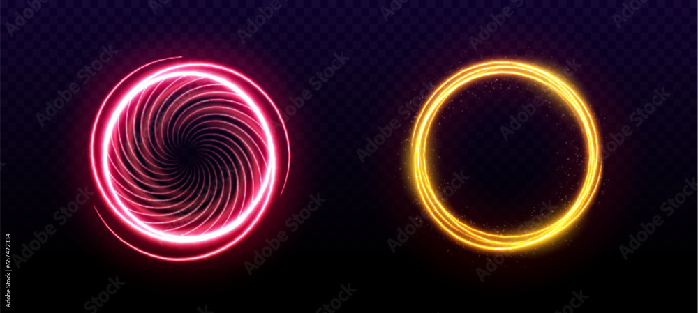Wall mural magic neon light circle portal with glow effect. ring line spark flare frame with shine. isolated re
