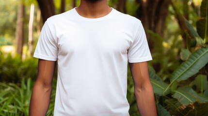 Naklejka na ściany i meble Close up of man wearing T-shirt for mockup background, white t-shirt in the forest