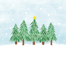 Winter Christmas trees with snowing. Hand-drawn style.