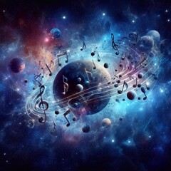 celestial-themed background where celestial bodies transform into musical notes