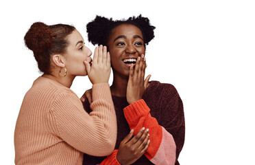 Gossip, friends and women laughing together at secret joke on png transparent background with smile on face. Comic, rumor and whisper in ear, black person with happiness talking to girl with humor - obrazy, fototapety, plakaty