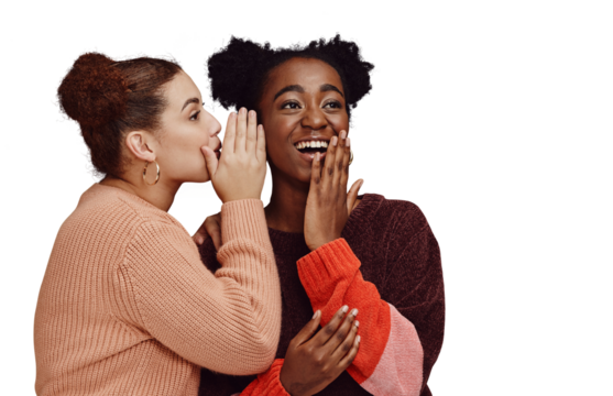 Gossip, friends and women laughing together at secret joke on png transparent background with smile on face. Comic, rumor and whisper in ear, black person with happiness talking to girl with humor - Powered by Adobe