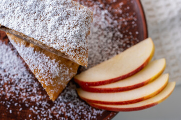 Paired pieces of delicious strudel stuffed with apples and cinnamon on a light plate on a light...