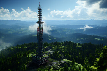 3d base station receiver. telecommunication tower 6g. polygonal design global connection information transmitter. Mobile radio antenna cellular ,sound wave