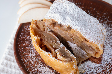 Paired pieces of delicious strudel stuffed with apples and cinnamon on a light plate on a light background. Place for writing. Close up view. Homemade Ukrainian pastries