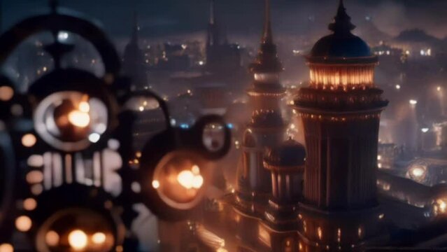 Flyover a Beautiful Steampunk City at Night. Clips of a High Tech Clockwork Victorian Cityscape with Bokeh and Soft Focus. Drone Footage Style Animation of a Glowing Fantasy City. Animated Background.