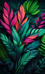 Abstract of tropical neon leaves. Greenery texture for interior printing murals on the wall, Generative AI
