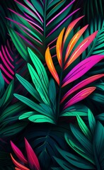 Abstract of tropical neon leaves. Greenery texture for interior printing murals on the wall, Generative AI