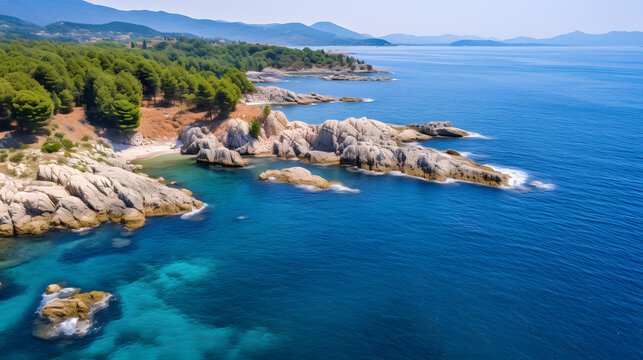 Drone aerial view of sea and rocks in olympiada halkidiki greece 