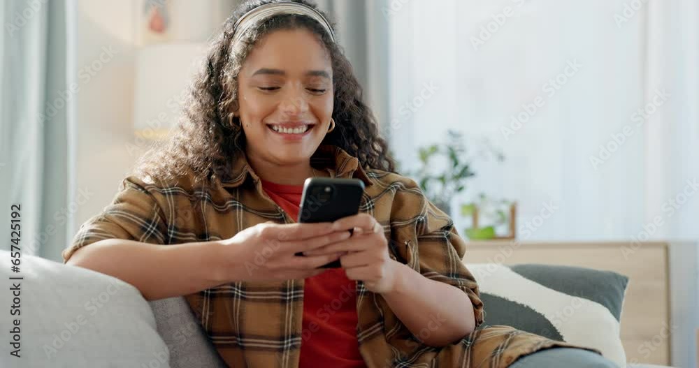 Poster home cellphone, relax and happy woman typing email, social network post or texting web user. lounge 