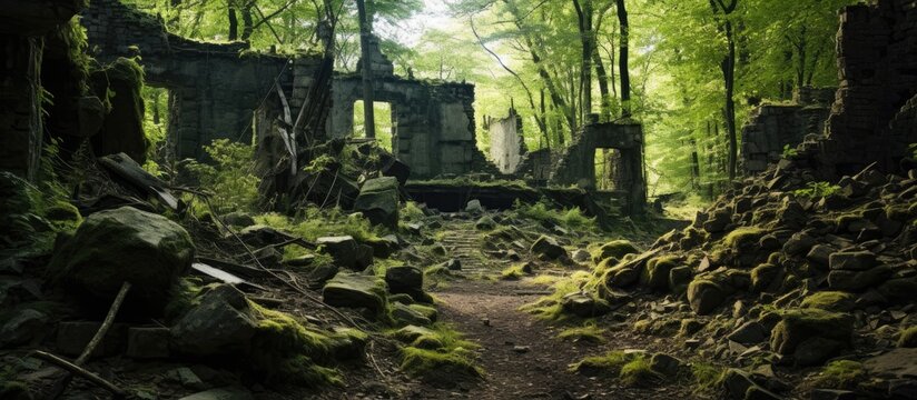 Abandoned mine and prisoner camp ruins in Rolava Sauersack With copyspace for text