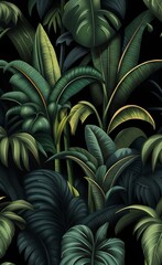 Tropical plants banana trees wallpaper design, dark bacground, vintage wallpaper, jungle background, mural art, Generative AI