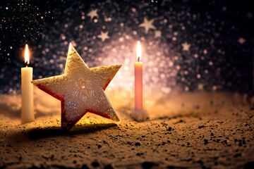 Christmas star on a dirt floor and candles around it and in the background a starry sky. With space for text. - obrazy, fototapety, plakaty