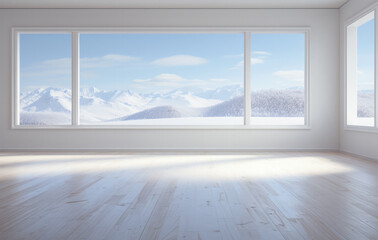 Empty room with a snowy scene in the background
