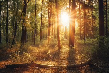 Sunset or sunrise in the summer forest. Landscape with sunbeams in the morning.