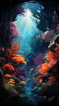 Wallpaper of Cartoon Underwater Creatures in a Vibrant Coral Reef, Generative AI