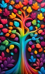 Elegant colorful tree with colorful leaves illustration background. Bright painting 3d abstract wallpaper for interior mural wall art decor. Generative AI