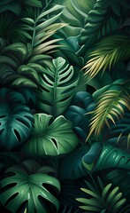 Fototapeta na wymiar Mural for walls, wallpaper for the room, tropical leaves, branches of plants, Generative AI
