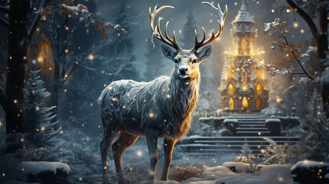 Beautiful forest deer with antlers for New Year and Christmas