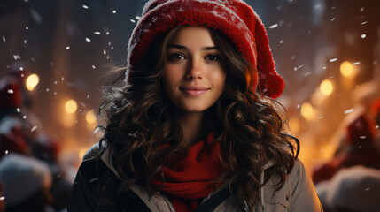 Fototapeta premium Young beautiful woman in festive santa claus hat for new year and christmas