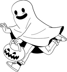 Kid wearing funny ghost costume for trick or treat, halloween coloring page 