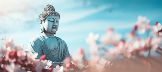 Foto op Plexiglas anti-reflex Buddha statue with pink flowers. Religion spirituality soul peace concept. Generative AI technology. © Hero Design