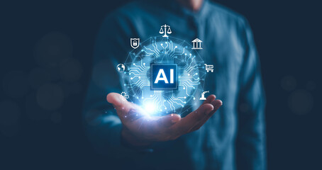 Ai, artificial integration technology concept. Chat with AI robot. businessman use ai generate something by command prompt open chat ai smart tech. new digital communication online computer bot.