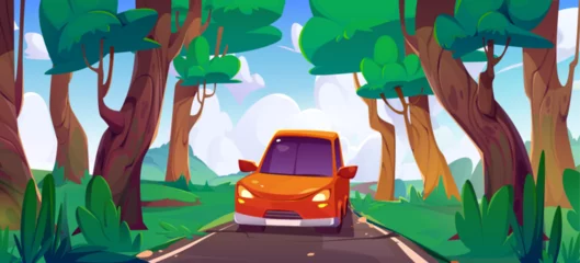 Foto op Aluminium Red car driving along asphalt road in forest. Cartoon vector landscape of woodland with green trees and winding road with vehicle traveling. Natural summer scene with highway and blue cloudy sky. © klyaksun