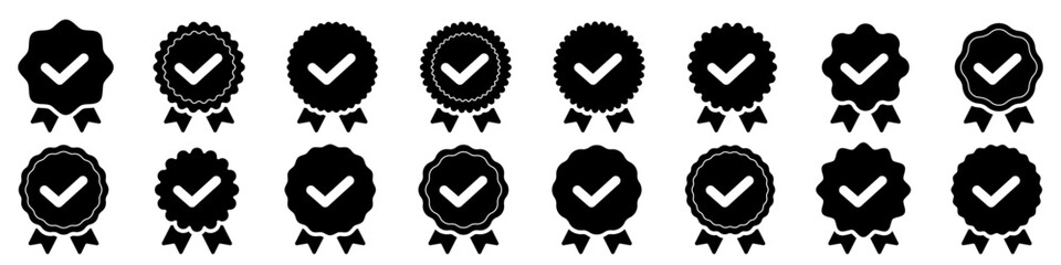 Rosette stamp icon Vector design template set illustration. Quality medal or emblem with check mark