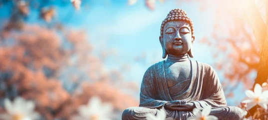 Fototapeten Buddha statue on autumn season. Religion spirituality soul peace concept. Generative AI technology. © Hero Design