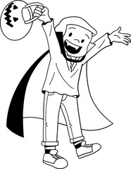 Cute boy wearing vampire costume for trick or treat party, coloring page