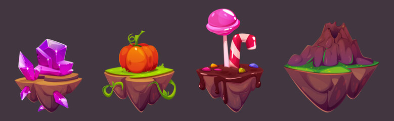 Game floating islands with glossy violet gemstone clusters, ripe pumpkin on grass, sweet candies on chocolate surface and sleeping volcano rocky mountain. Cartoon flying gui ground platform for jump.