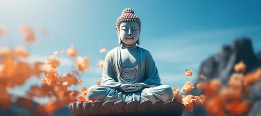Zelfklevend Fotobehang Buddha statue on meditation pose. Religion spirituality soul peace concept. Generative AI technology. © Hero Design