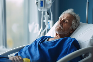 Portrait of sick senior man lying in hospital bed and looking away - obrazy, fototapety, plakaty