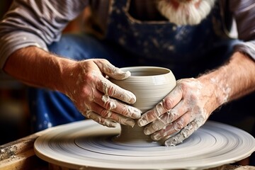 A man creating a ceramic vase on a pottery wheel