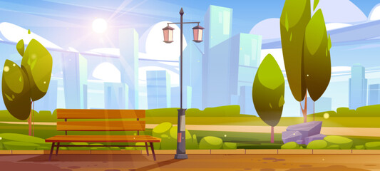 City park with bench in garden cartoon background. Outdoor public nature place to seat near lantern streetlight and walkway. Skyscraper cityscape view in summer illustration. Empty central alley
