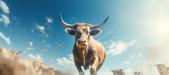 Wildlife long horn bull herd. Generative AI technology.