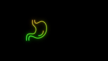 Naklejka premium Neon z żołądkiem, nowoczesny projekt świecącego baneru, kolorowe, nowoczesne trendy wzornictwa na czarnym tle. Ikona żołądka. Świecący znak żołądka.