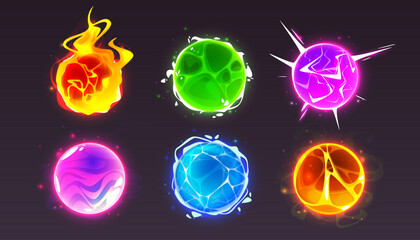 Magic orb ball game icon with fire glow effect. Crystal power sphere and lava fireball with lightning electric element. Neon cristal plasma bubble. Witch shiny and glowing round abstract collection