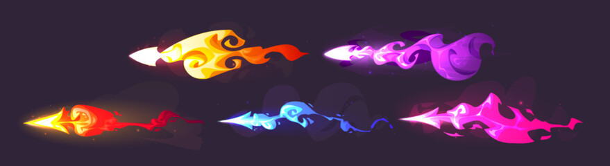 Laser gun shots set isolated on black background. Vector cartoon illustration of colorful neon arrows burning with fire and smoke, glowing with purple, pink, blue magic spell effects, blaster attack