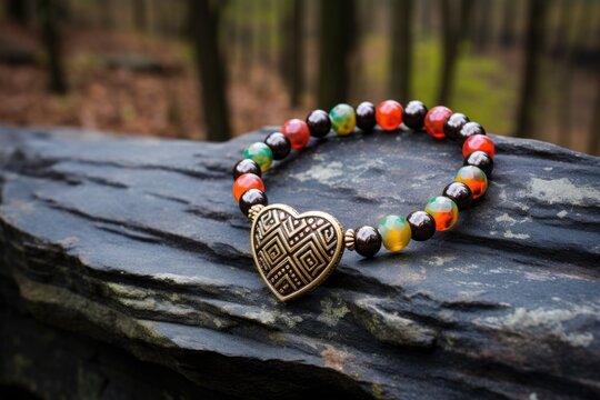 beaded bracelet with charm on a stone wall
