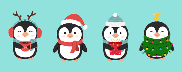 Cute penguins set. Postcard for New year and Christmas holidays. Vector flat cartoon style
